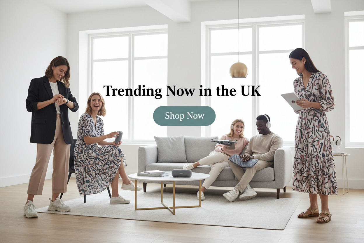 Create a modern, high-converting Shopify homepage banner for a UK online store selling trending products (fashion, electronics, home gadgets). Clean and professional design, UK lifestyle feel, diverse British models, minimalist background, premium look. Add space for headline text like ‘Trending Now in the UK’ and a CTA button ‘Shop Now’. E-commerce style, bright but elegant colors, mobile-friendly layout